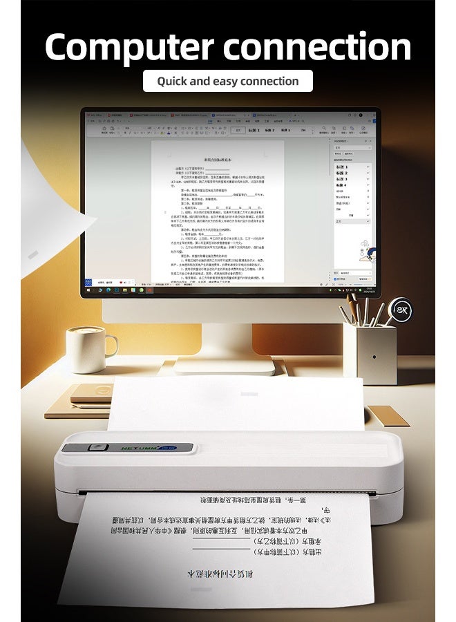 نيتم طابعة XL-P801 الحرارية المحمولة هي طابعة لاسلكية تعمل بتقنية البلوتوث، مناسبة للسفر والاستخدام المنزلي. إنها طابعة صغيرة الحجم، لا تحتاج إلى حبر، ومتوافقة مع الهواتف المحمولة وأجهزة الكمبيوتر المحمولة، وتدعم ورق الطباعة الحرارية بحجم A4. - Image 4